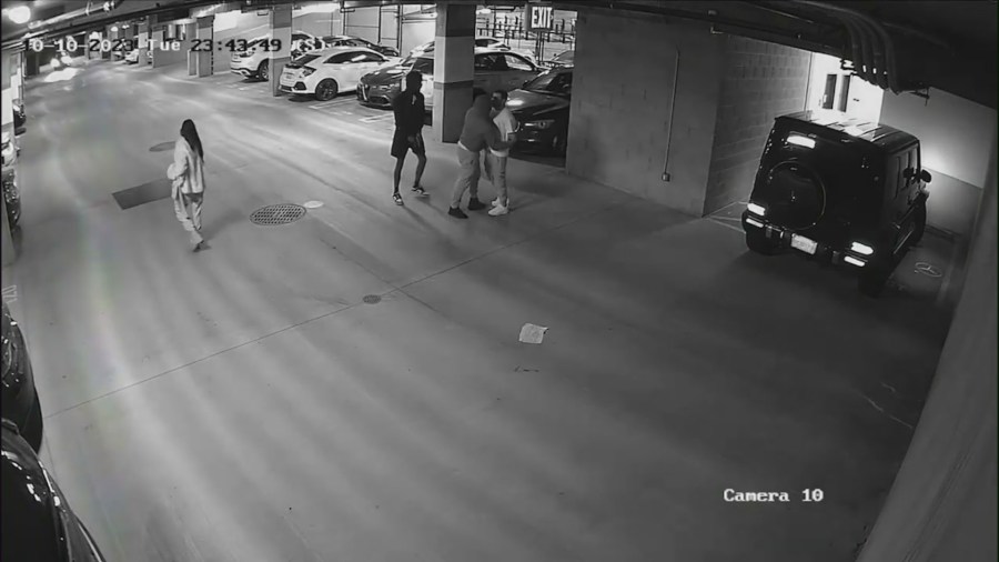 Surveillance video on Oct. 10, 2023 captured two suspects wanted for a series of violent follow-home robberies across North Hollywood. (Los Angeles Police Department)