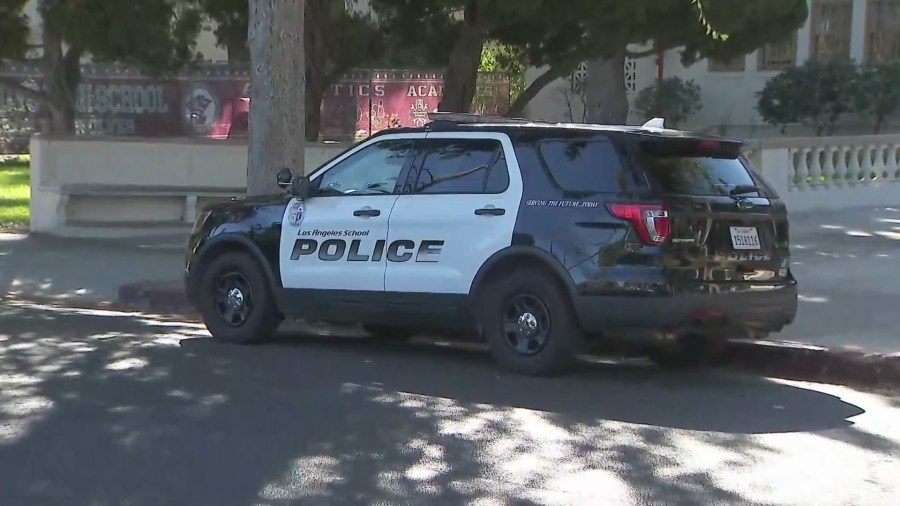 Police officers now stationed on campus after two students were stabbed after a violent brawl broke out at Van Nuys High School on Nov. 1, 2023. (KTLA)