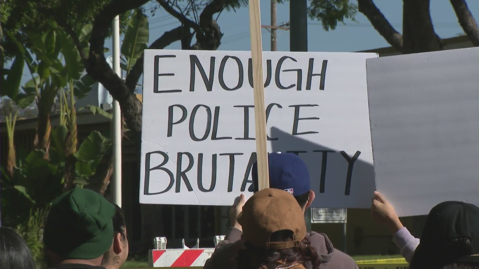 Community members seen protesting outside the East L.A. Sheriff’s Station on Nov. 25, 2023 and demanding justice after the violent arrest of an amputee was caught on camera. (KTLA)