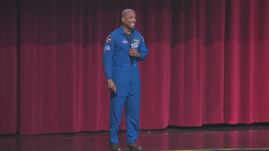 NASA astronaut Victor Glover speaks to students at Ontario High School on Nov. 17, 2023. (KTLA)