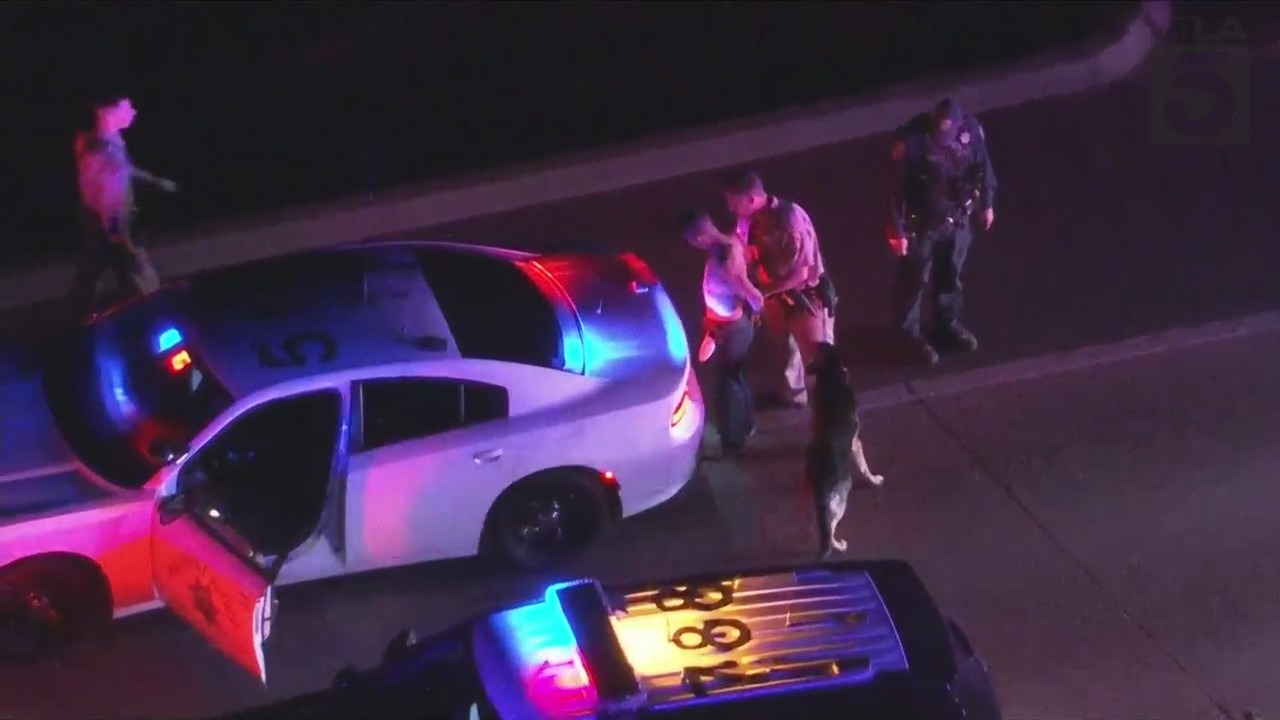 A pursuit surrenders to CHP officers in Ventura County on Nov. 10, 2023. (KTLA)