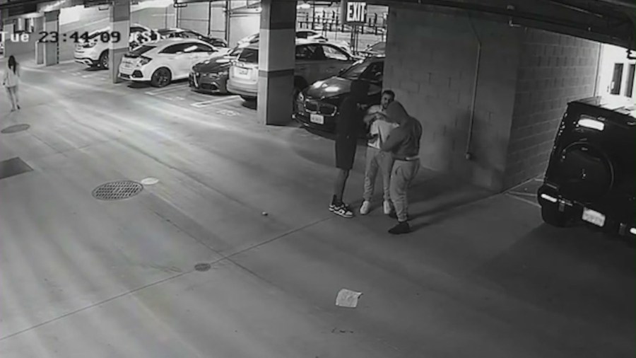 Surveillance video on Oct. 10, 2023 captured two suspects wanted for a series of violent follow-home robberies across North Hollywood. (Los Angeles Police Department)