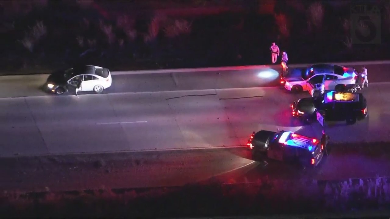 A pursuit surrenders to CHP officers in Ventura County on Nov. 10, 2023. (KTLA)