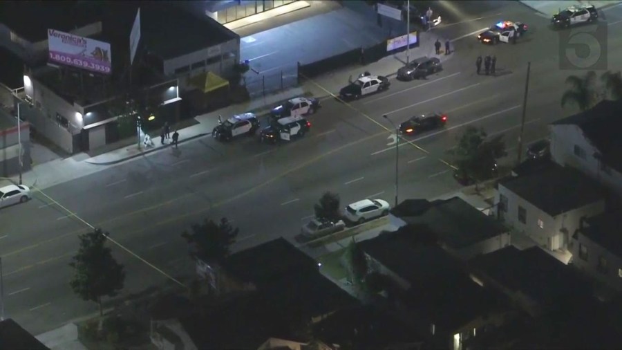 A suspect remains at large after a man was shot and killed in South Los Angeles on Nov. 10, 2023. (KTLA)