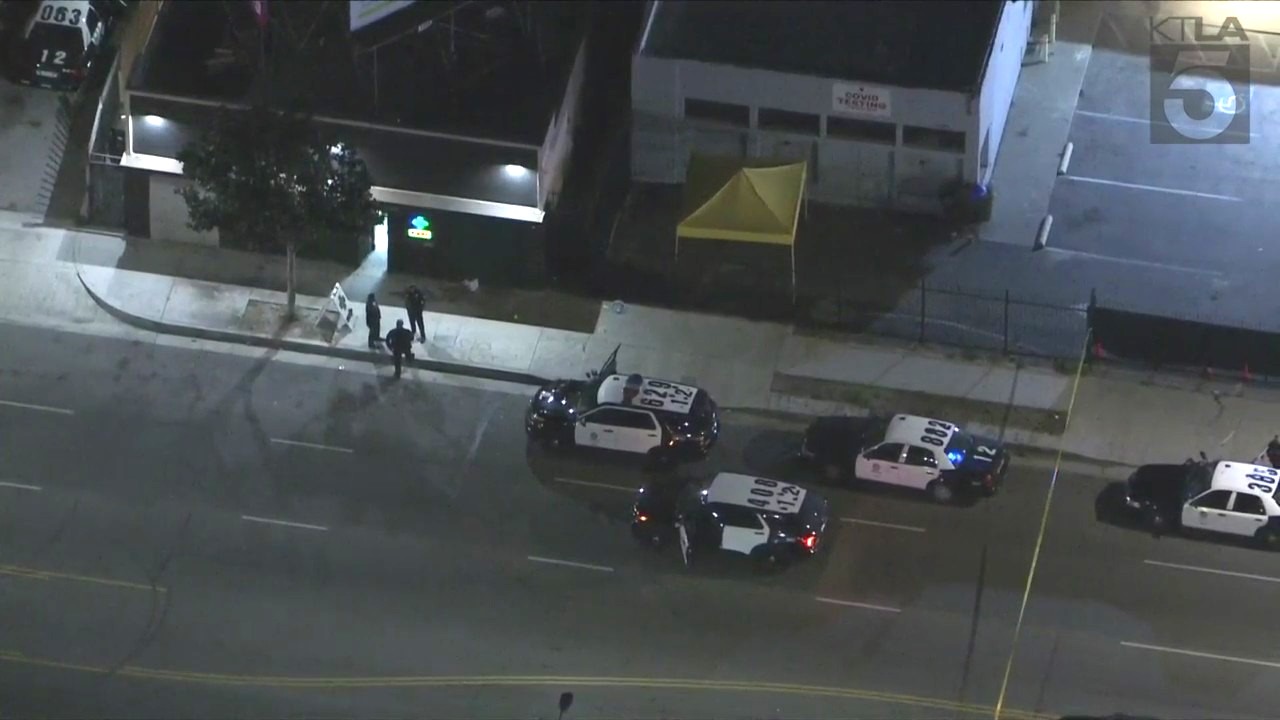 A suspect remains at large after a man was shot and killed in South Los Angeles on Nov. 10, 2023. (KTLA)