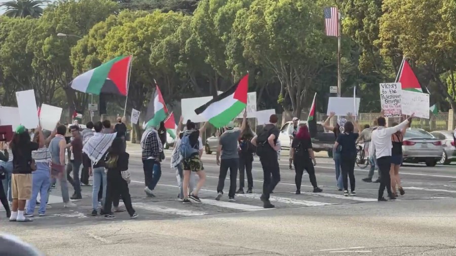 A large group of pro-Palestinian demonstrators marched in West Los Angeles on Nov. 4, 2023 calling for the end to Israel’s bombardment and occupation of Gaza. (KTLA)