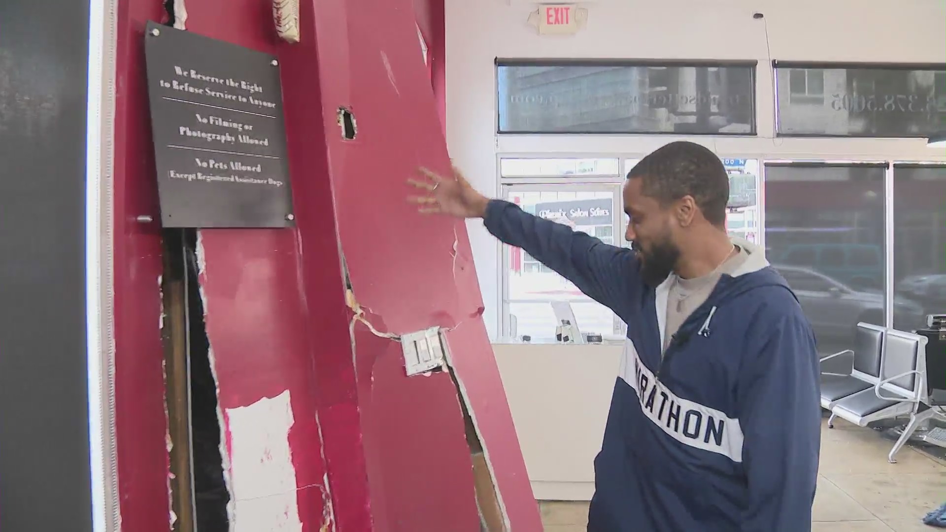 Severe damaged seen after a pickup truck crashes through a West Hollywood barber shop, narrowly missing customers inside on Nov. 16, 2023. (Trendsetters Barbershop)