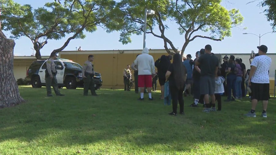 Community members seen protesting outside the East L.A. Sheriff’s Station on Nov. 25, 2023 and demanding justice after the violent arrest of an amputee was caught on camera. (KTLA)