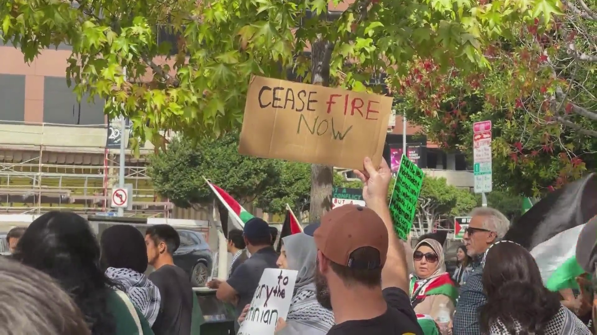 A large group of pro-Palestinian demonstrators marched in West Los Angeles on Nov. 4, 2023 calling for the end to Israel’s bombardment and occupation of Gaza. (KTLA)