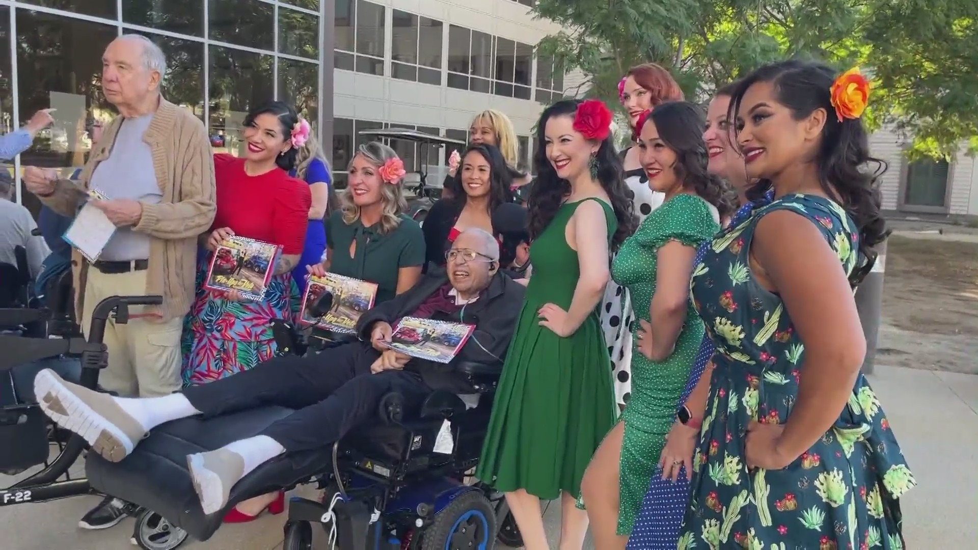 A group of female veterans with Pin-Ups for Vets, dressed up as WWII-style pin-up models while giving back to the community on Veteran’s Day on Nov. 11, 2023. (KTLA)