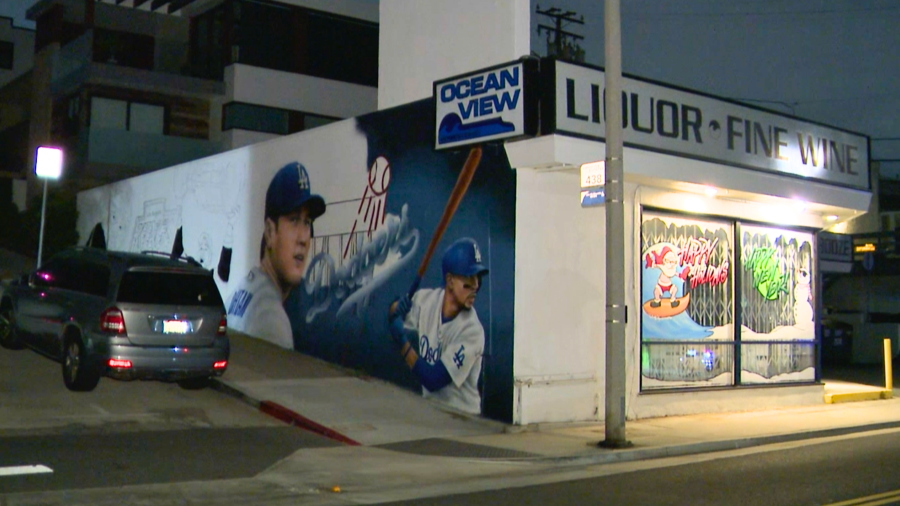 Shohei Ohtani celebrated in a mural on the side of a Hermosa Beach business is seen on Dec. 18, 2023.