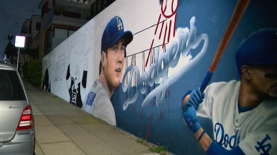 Shohei Ohtani celebrated in a mural on the side of a Hermosa Beach business is seen on Dec. 18, 2023.