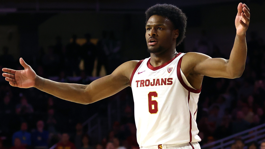 Bronny James of the USC Trojans reacts to a play during the first half against the Long Beach State 49ers at Galen Center.