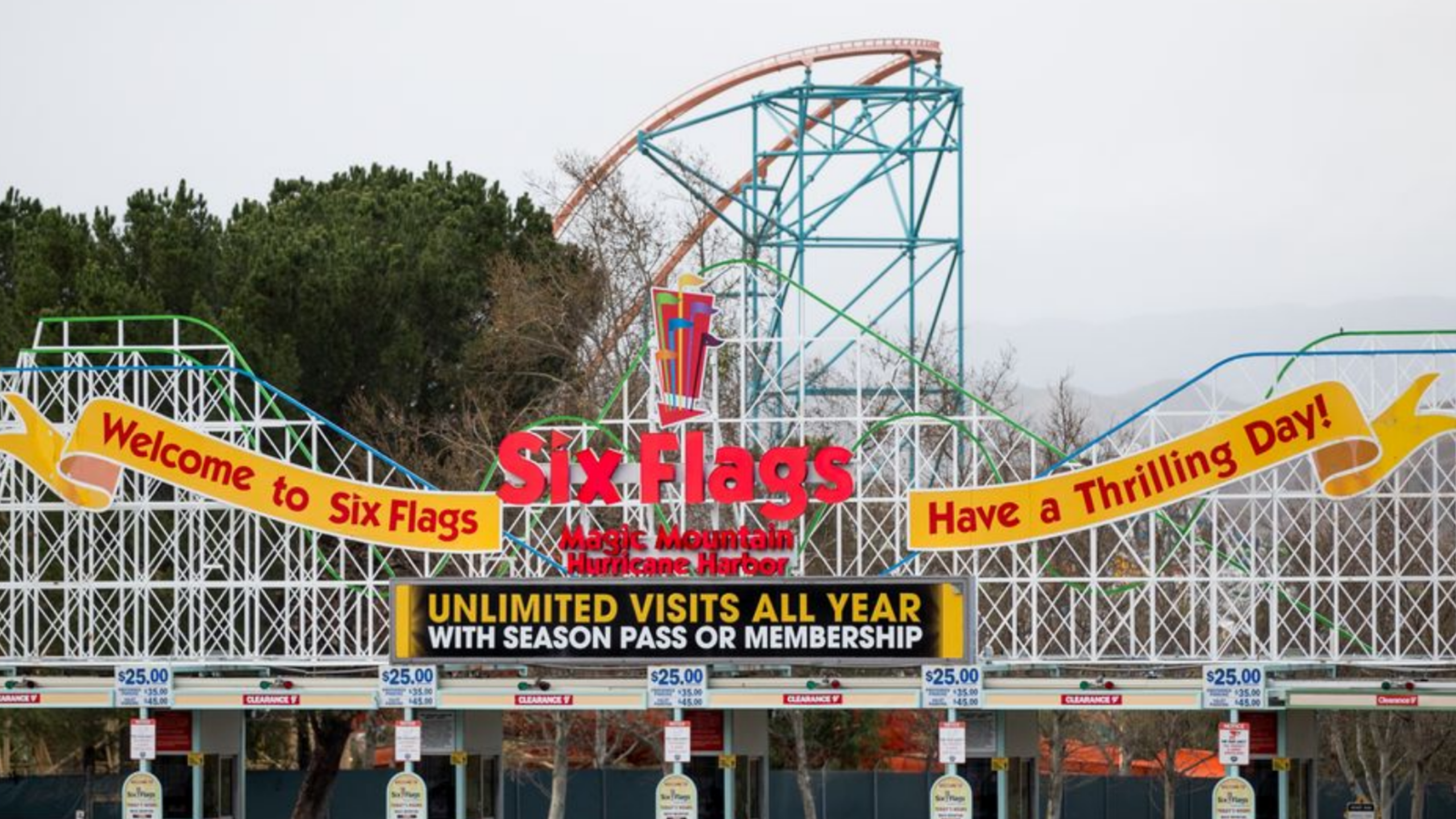 The entrance to Six Flags Magic Mountain is seen in 2020.