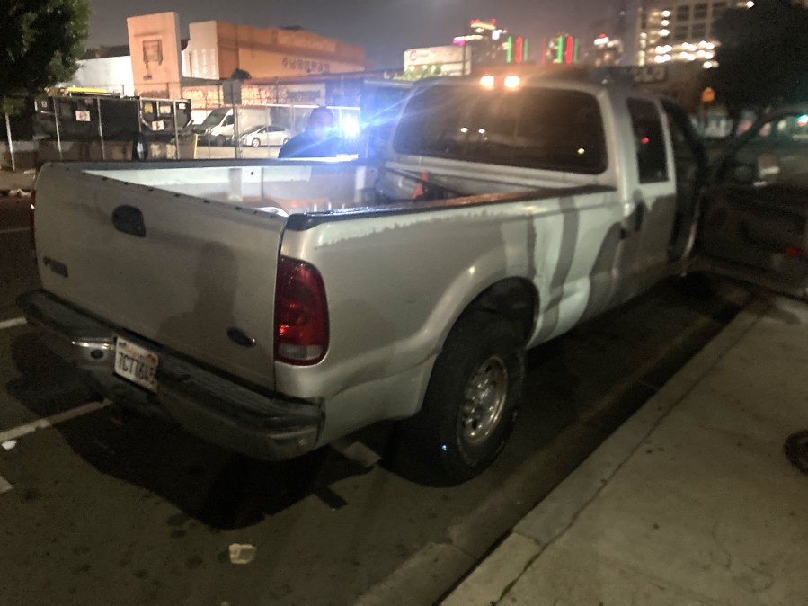 A stolen Ford pickup truck led officers to a strip shop at a homeless encampment in downtown L.A. on Dec. 27, 2023. (Los Angeles Police Department)