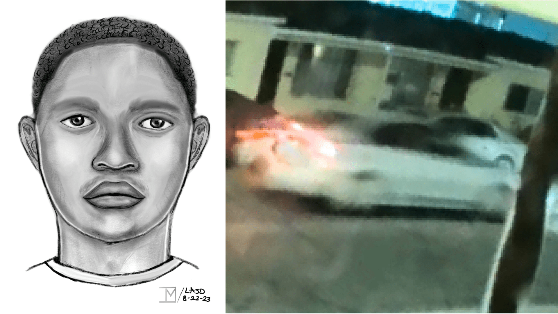 A sketch of the suspect and their light-colored sedan. The suspect is wanted for the deady shooting of Miguel Angel Prado on Aug. 18, 2023 in Compton. (Los Angeles County Sheriff’s Department)