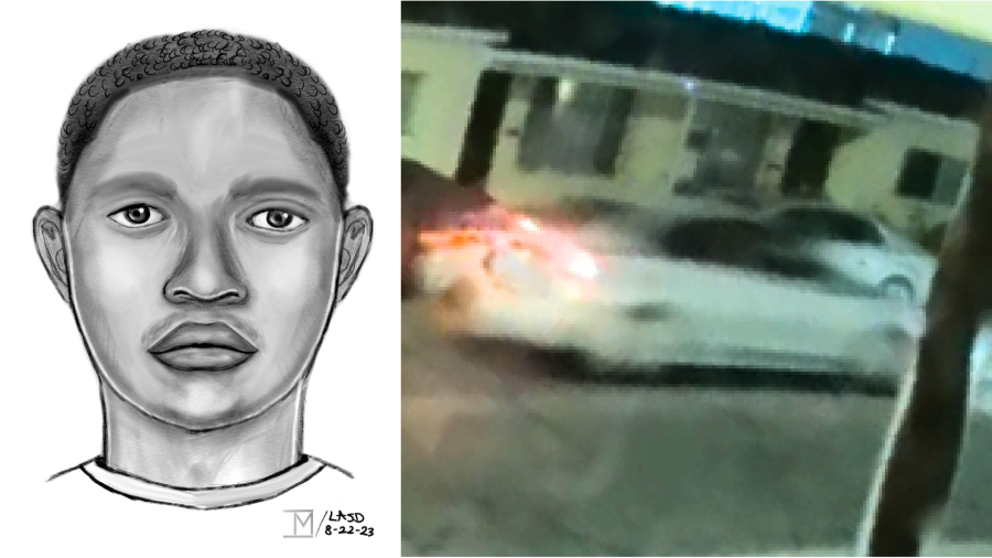 A sketch of the suspect and their light-colored sedan. The suspect is wanted for the deady shooting of Miguel Angel Prado on Aug. 18, 2023 in Compton. (Los Angeles County Sheriff’s Department)