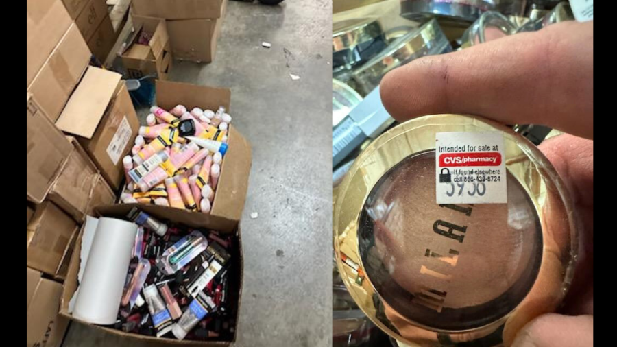 Over a million dollars worth of stolen cosmetics, beauty products and more were found in a warehouse and makeup store on Dec. 19, 2023. (California Highway Patrol)