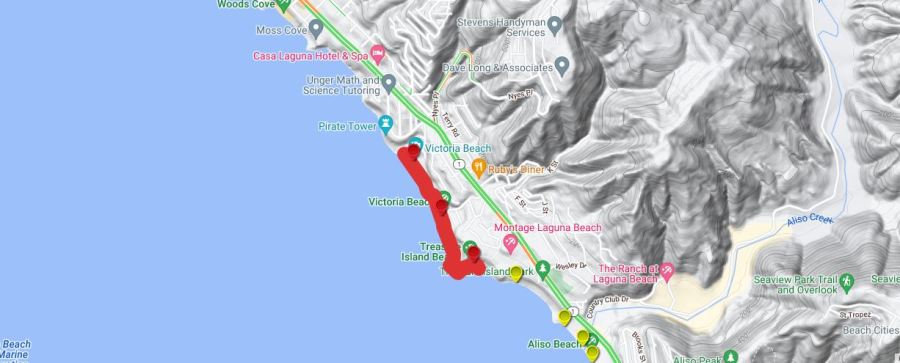 A large sewage spill has prompted the closure of areas from Victoria Beach to Goff Island Beach in Laguna Beach on Dec. 23, 2023. (OC Health Care Agency)