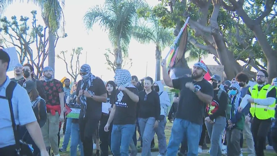 A group of protesters calling for a ceasefire in Gaza were blocking streets near the Los Angeles International Airport on Dec. 15, 2023. (KTLA)