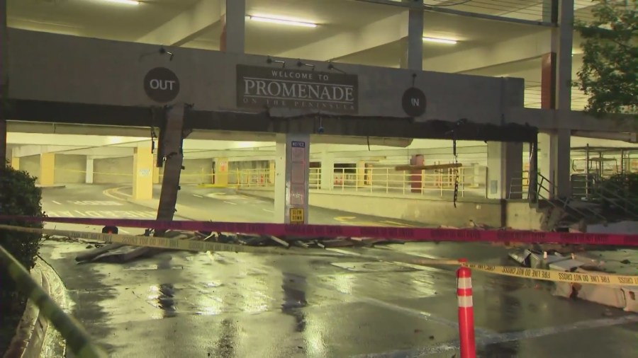 Large concrete planter boxes came crashing down at a shopping mall in Rolling Hills Estates due to heavy rain on Dec. 20, 2023. (KTLA)