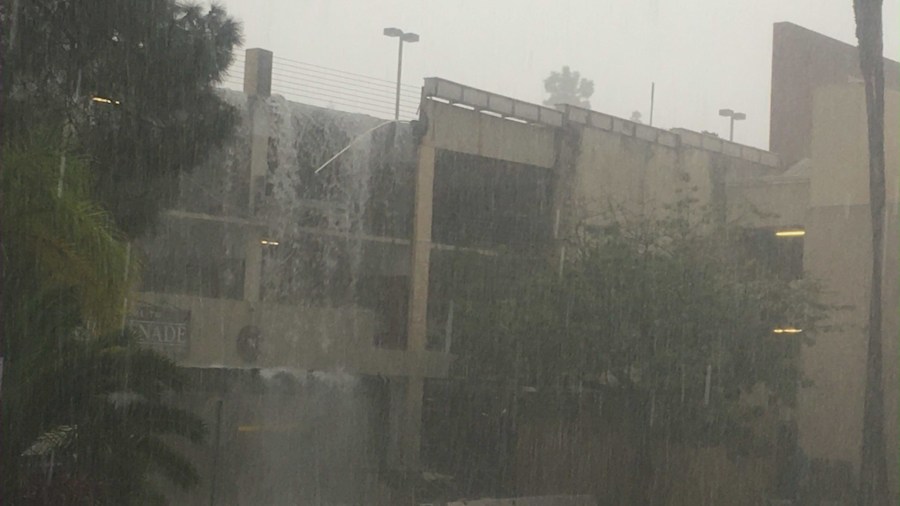 Large concrete planter boxes came crashing down at a shopping mall in Rolling Hills Estates due to heavy rain on Dec. 20, 2023. (Dana Graham)