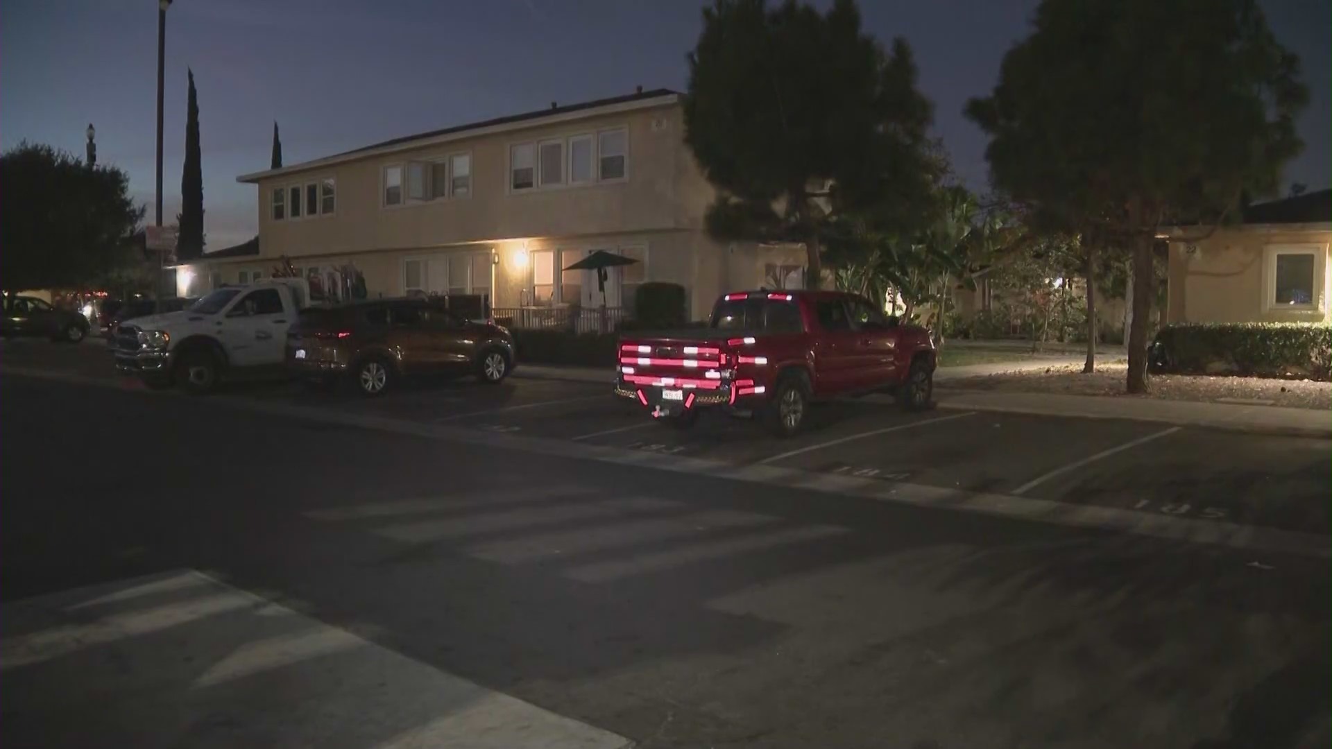 The Jasmine Garden Apartment complex in Compton where Blaine LaPrairie was fatally shot on Dec. 12, 2023. (KTLA)