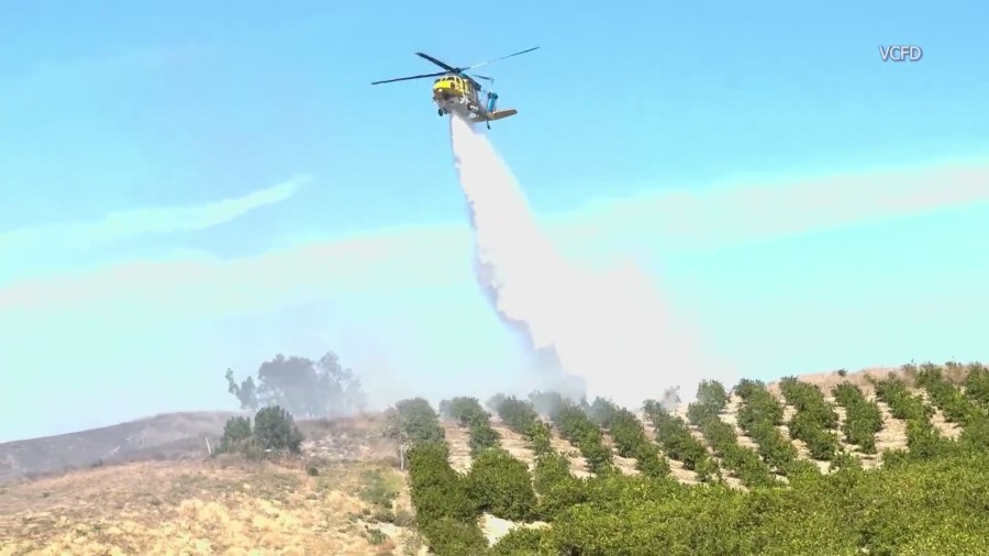 Aerial crews extinguishing a brush fire in northern Ventura County on Dec. 9, 2023. (X/@VCFD_PIO)