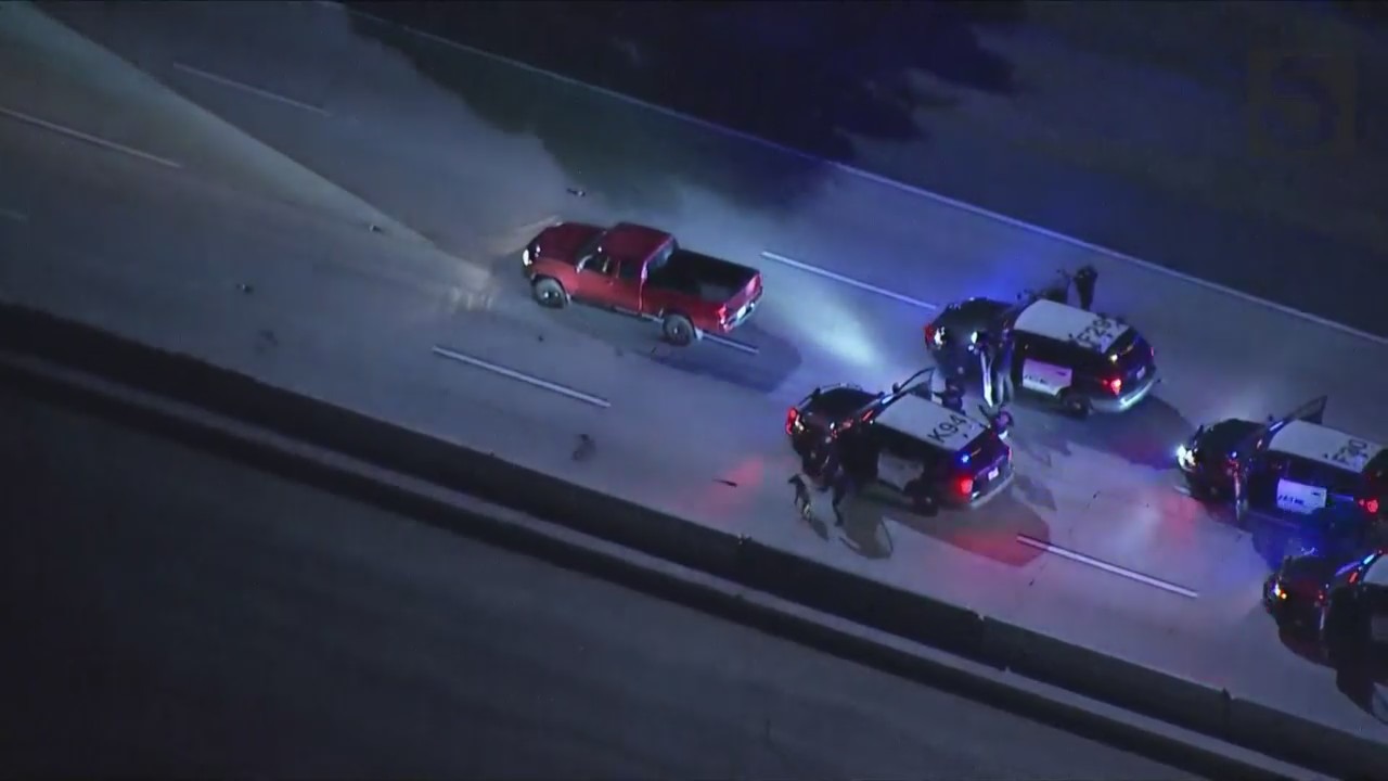 A carjacking suspect was arrested after a pursuit spanning multiple counties and freeways across Southern California on Dec. 7, 2023. (KTLA)