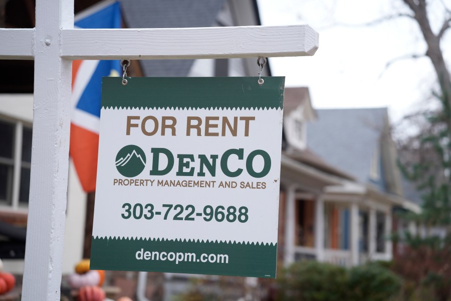 File - A sign advertising a rental stands outside a residence on Nov. 23, 2023, in Denver. The cost to rent an apartment has soared, and is still growing faster than before the pandemic. (AP Photo/David Zalubowski, File)