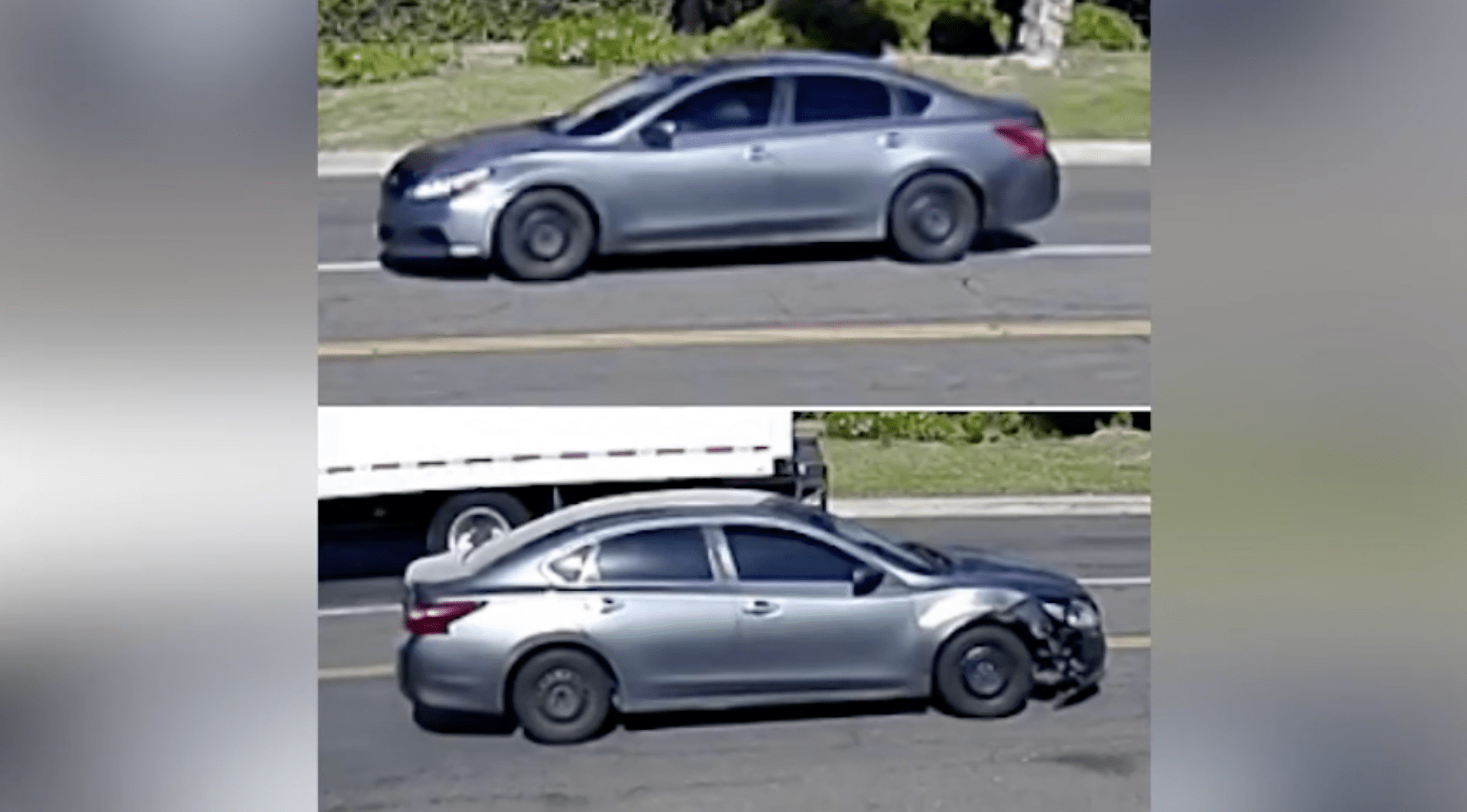 The suspect's gray four-door vehicle with prior damage to the right passenger side of the vehicle.