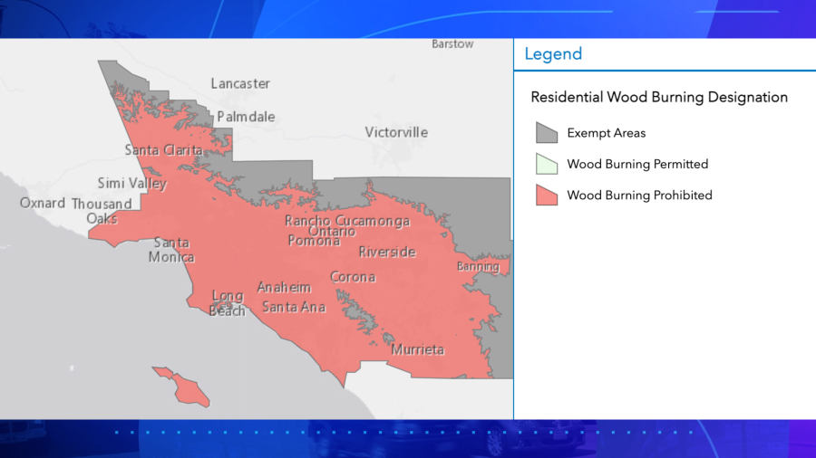 Areas under a wood burning ban are seen in a map provided by the South Coast Air Quality Management District on Jan. 15, 2024.