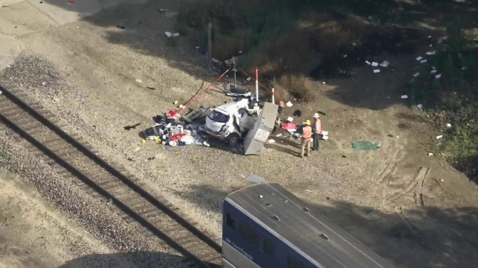 Sky5 was over a crash scene involving a Pacific Surfliner and a vehicle on Jan. 2, 2024.