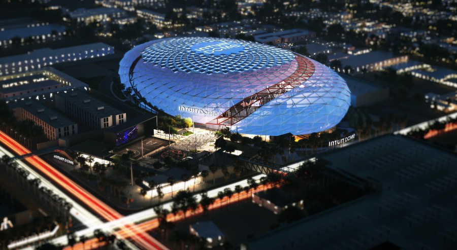 Rendering of the exterior of the Intuit Dome in Inglewood seen from above. (Los Angeles Clippers)