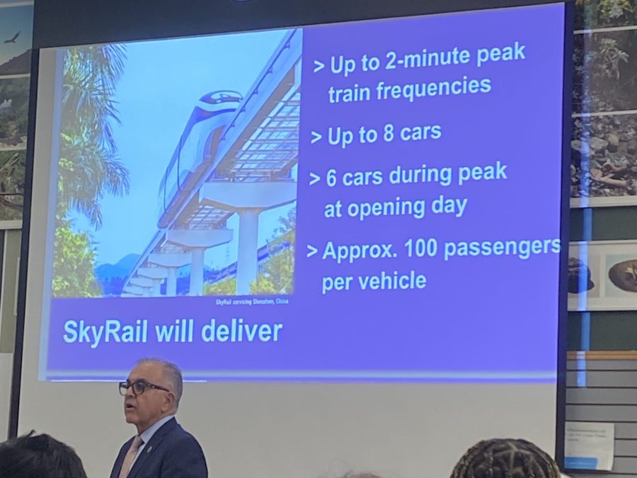 A spokesperson for LA Skyrail Express presents at a meeting of the Sherman Oaks Neighborhood Council on Jan. 4, 2023. (KTLA)