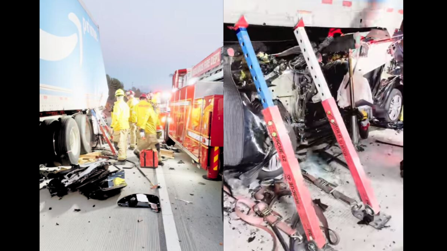 One person was hospitalized after a vehicle was found crushed under a semi-truck on the 10 Freeway in Redlands freeway on Jan. 6, 2024. (Redlands Fire Department)