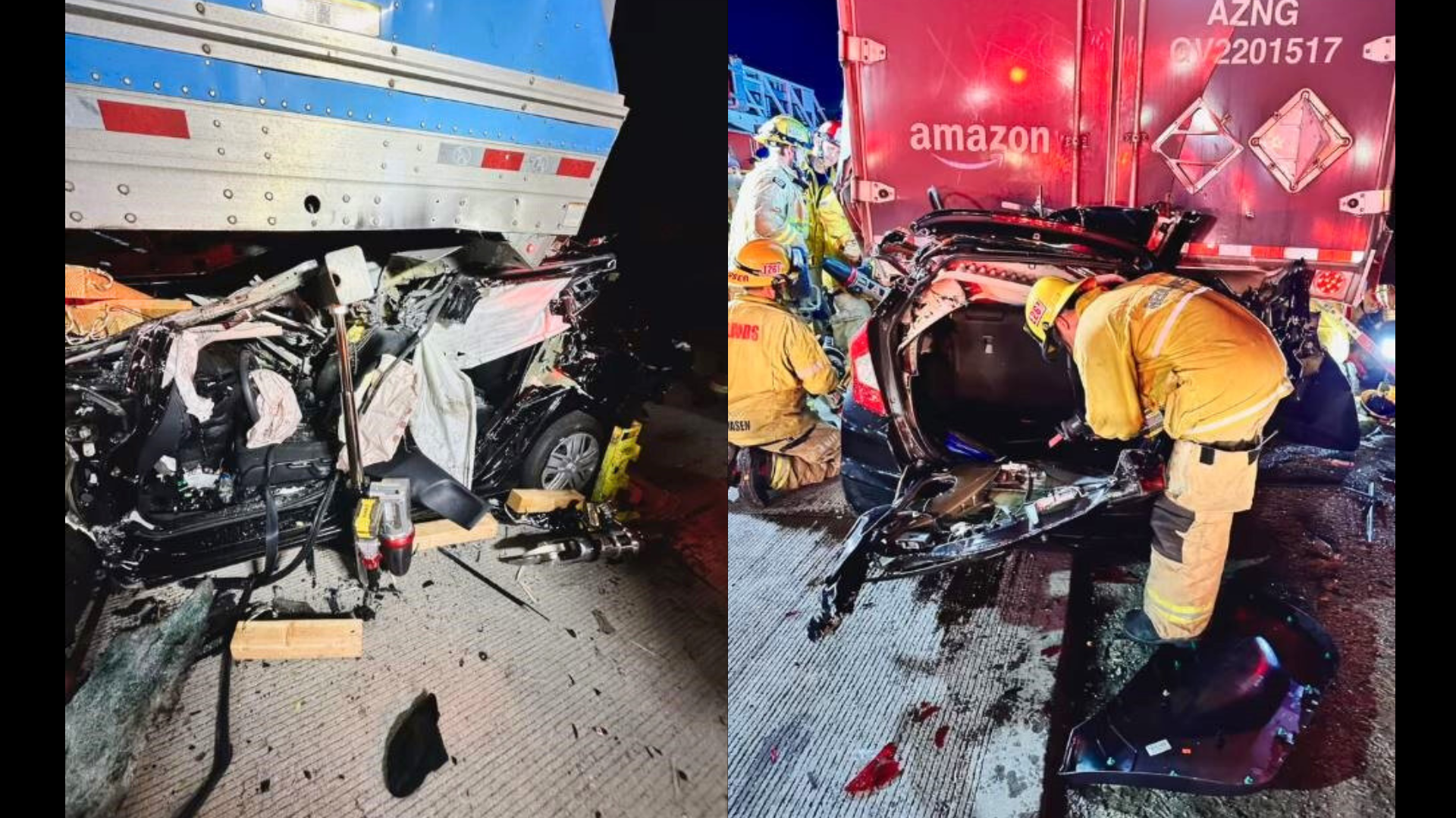 One person was hospitalized after a vehicle was found crushed under a semi-truck on the 10 Freeway in Redlands freeway on Jan. 6, 2024. (Redlands Fire Department)