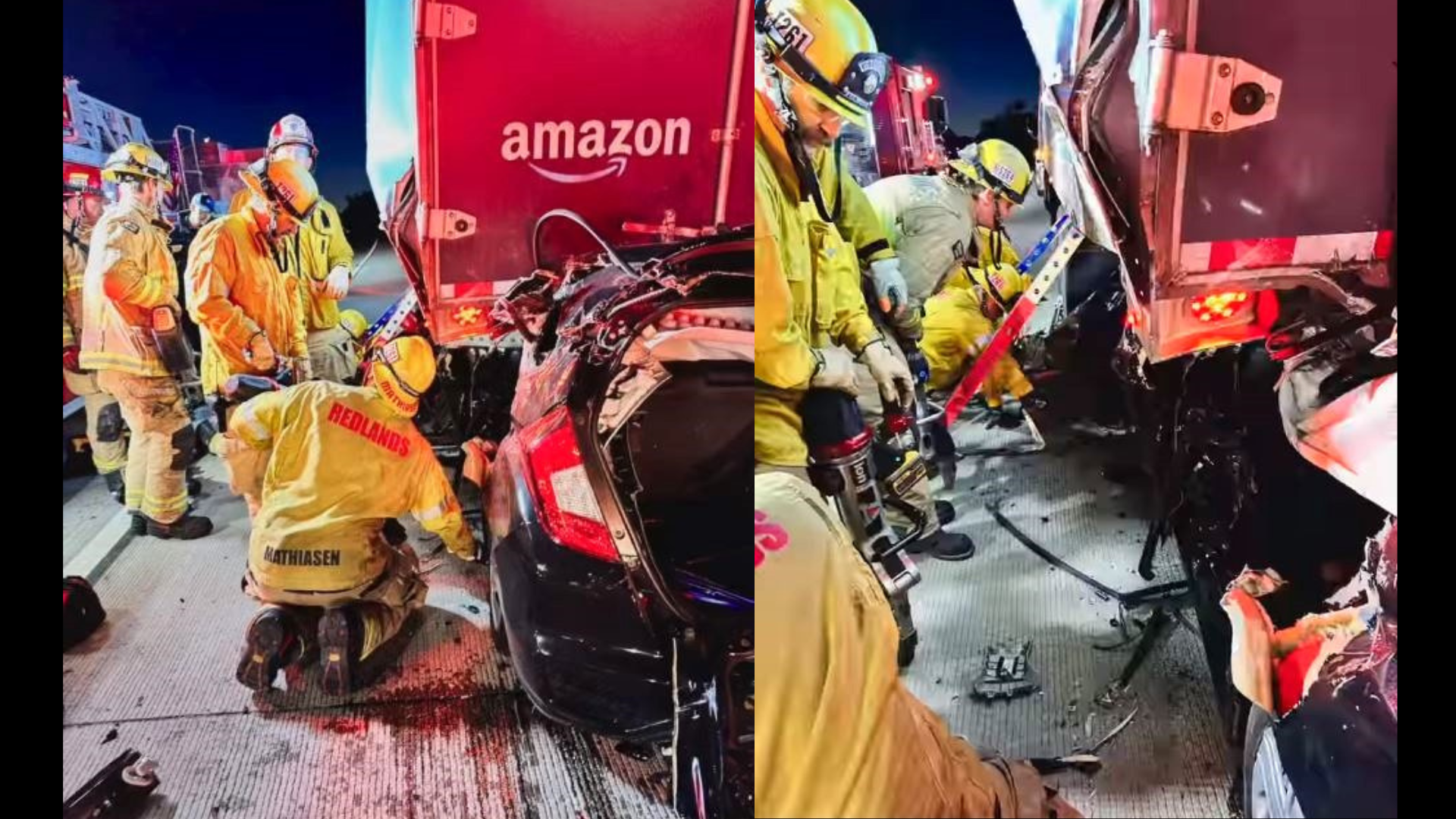 One person was hospitalized after a vehicle was found crushed under a semi-truck on the 10 Freeway in Redlands freeway on Jan. 6, 2024. (Redlands Fire Department)