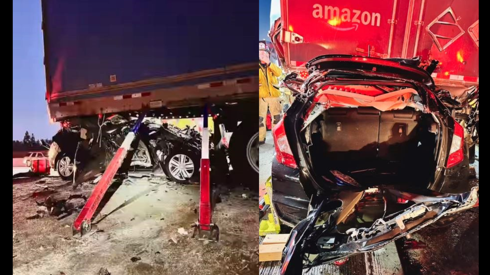 One person was hospitalized after a vehicle was found crushed under a semi-truck on the 10 Freeway in Redlands freeway on Jan. 6, 2024. (Redlands Fire Department)