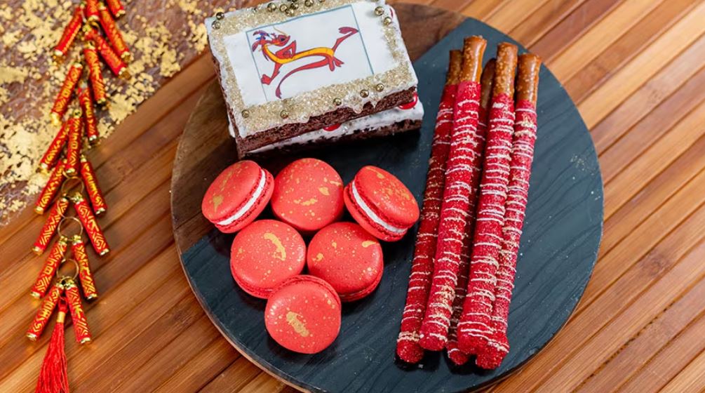 Lunar New Year macarons, pretzel rod sticks, crisped rice treat, and more at the Grand Californian Great Hall Cart in Disney’s Grand Californian Hotel & Spa. (Disneyland Resort)