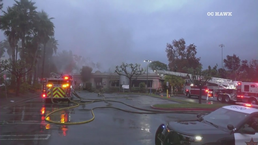 Firefighters repsond to a fire engulfing Green Chile Cantina in Mission Viejo on Jan. 21, 2024. (OC Hawk