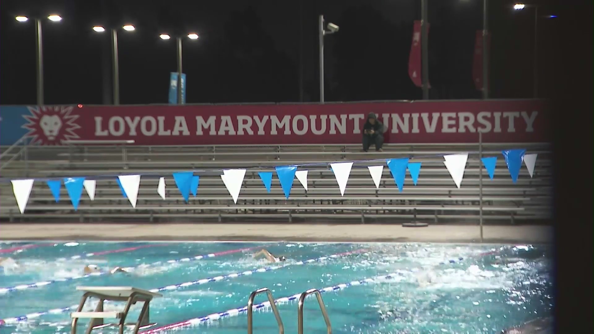 Swimmers practicing in the pool at Loyola Marymount University. (KTLA)