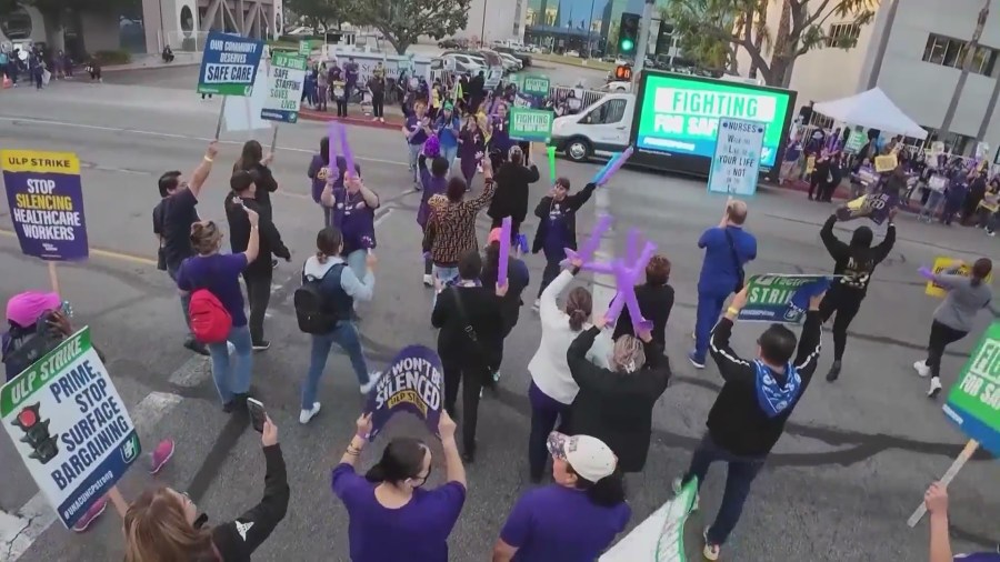 Around 1,500 healthcare workers begin a five-day strike against St. Francis Medical Center on Oct. 9, 2023. (KTLA)