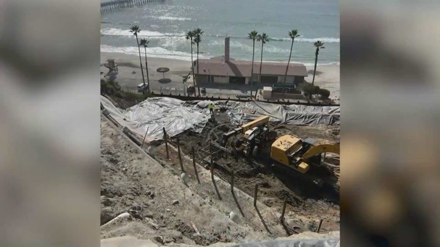 Stabilization project underway on Jan. 19, 2024 after destructive landslides destroyed portions of the historic Casa Romantica Cultural Center and Gardens in 2023. (Chris Duncan)