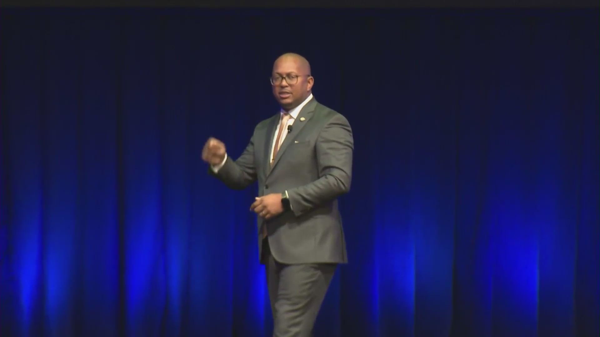 Long Beach Mayor Rex Richardson spoke with residents and community members during a State of the City address on Jan. 9. 2024. (KTLA)