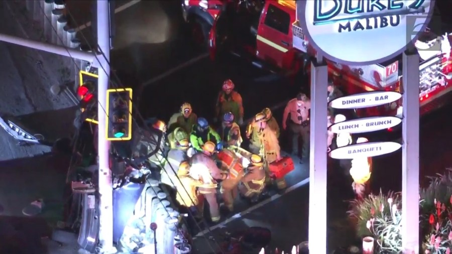 Two people were hospitalized in a multi-vehicle crash outside Duke's Malibu restaurant on Jan. 11, 2024. (KTLA)