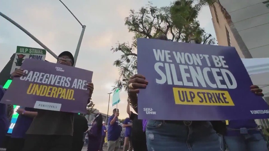 Around 1,500 healthcare workers begin a five-day strike against St. Francis Medical Center on Oct. 9, 2023. (KTLA)