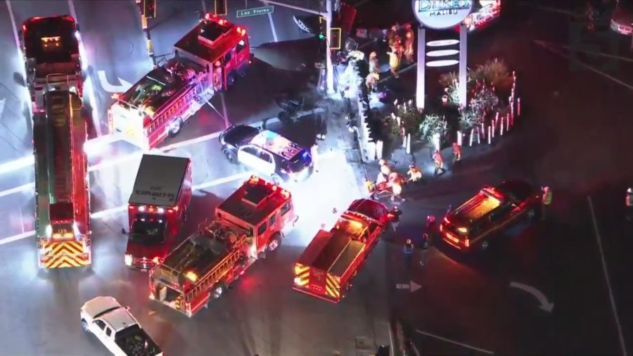 Two people were hospitalized in a multi-vehicle crash outside Duke's Malibu restaurant on Jan. 11, 2024. (KTLA)