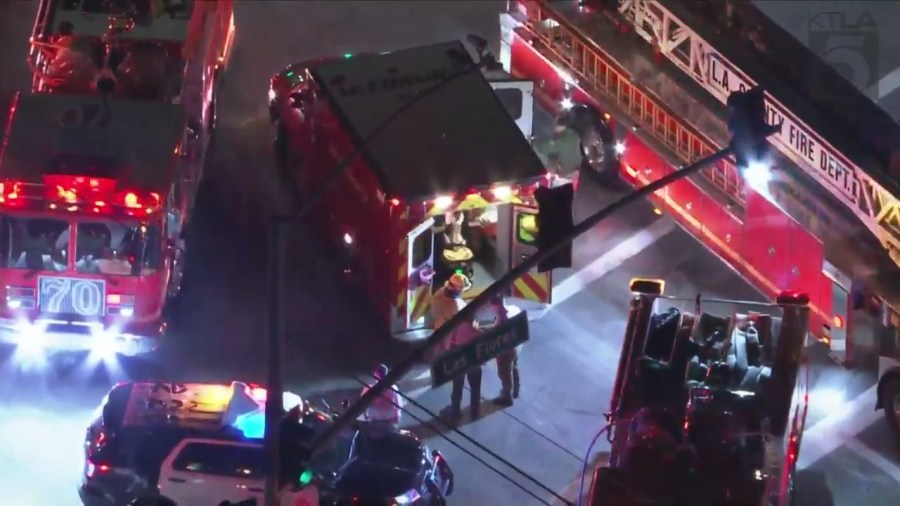 Two people were hospitalized in a multi-vehicle crash outside Duke's Malibu restaurant on Jan. 11, 2024. (KTLA)