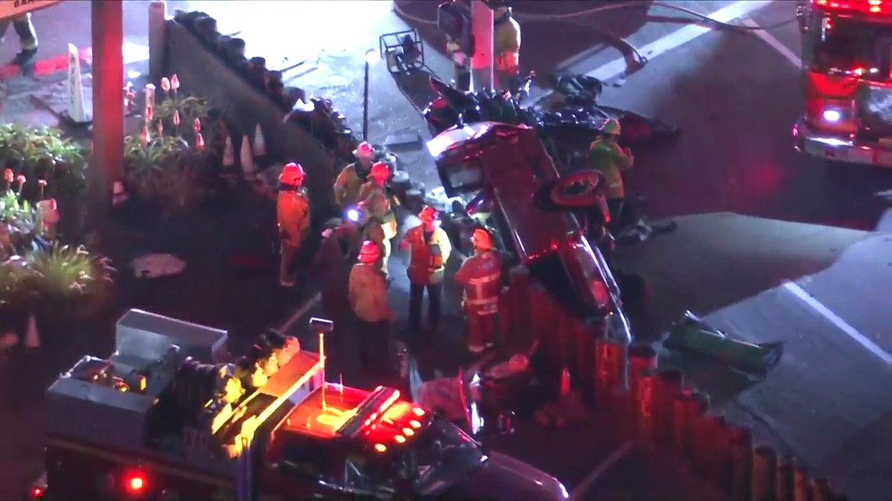 Two people were hospitalized in a multi-vehicle crash outside Duke's Malibu restaurant on Jan. 11, 2024. (KTLA)